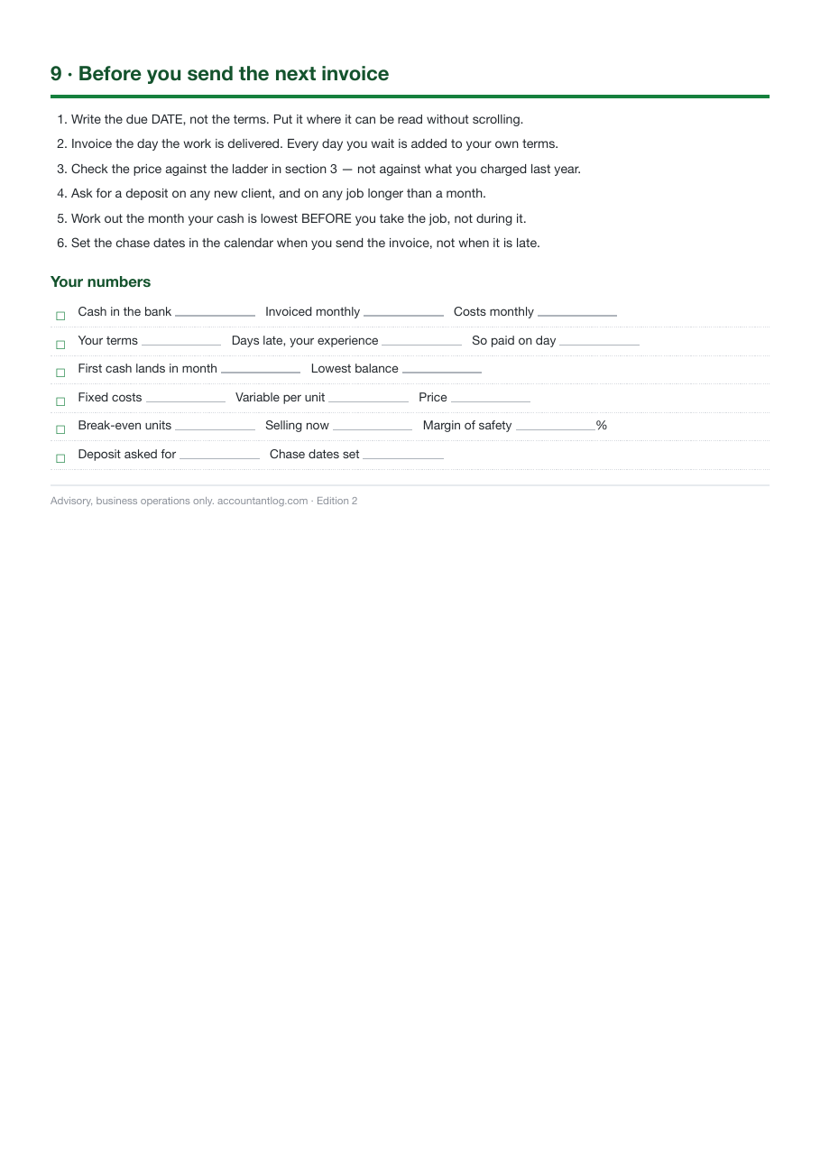 What to settle before sending the next invoice, and the fill-in sheet for your own numbers