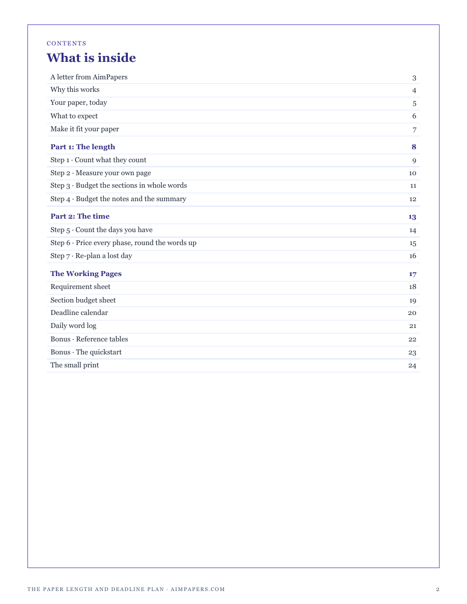 The full contents of The Paper Length and Deadline Plan: the length, the time, and the working pages