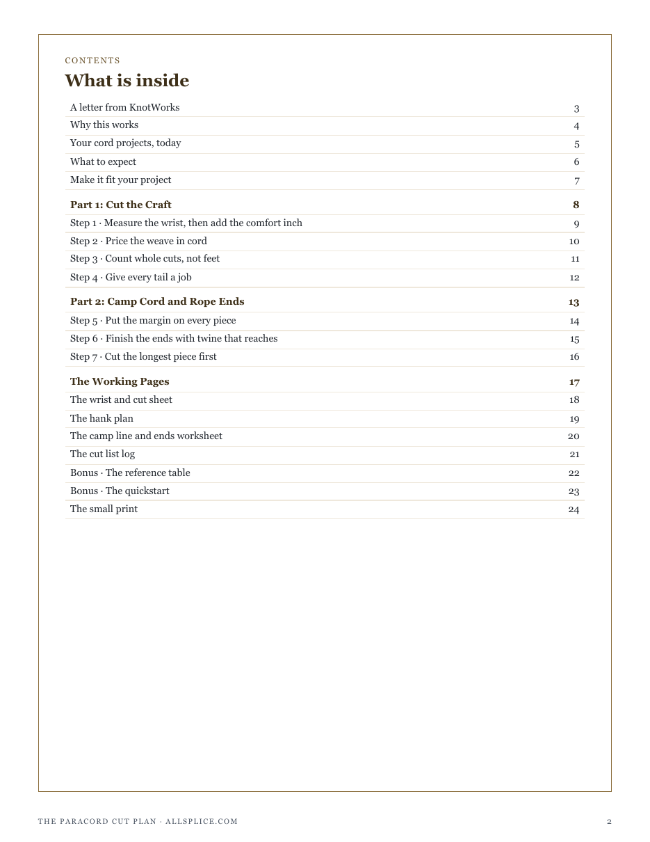 The full contents of The Paracord Cut Plan: cut the craft, camp cord and rope ends, and the working pages