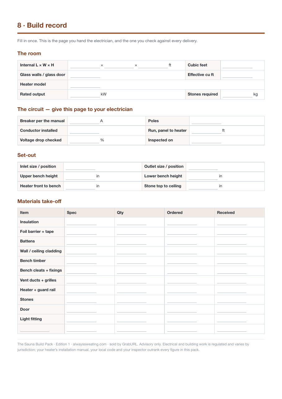 Fill-in build record and materials take-off sheet