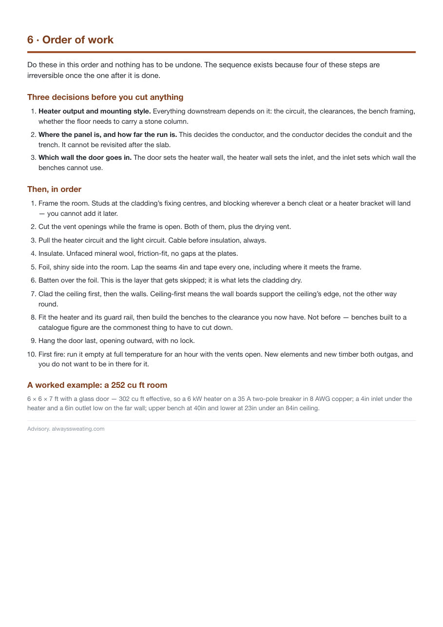Order of work for a sauna build, and the decisions to make before cutting anything