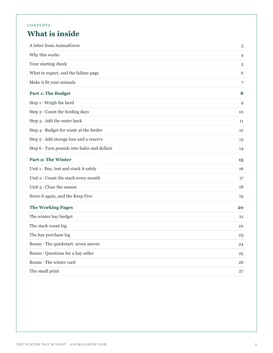 The full contents of The Winter Hay Budget: the budget, the winter, the working pages and three bonuses