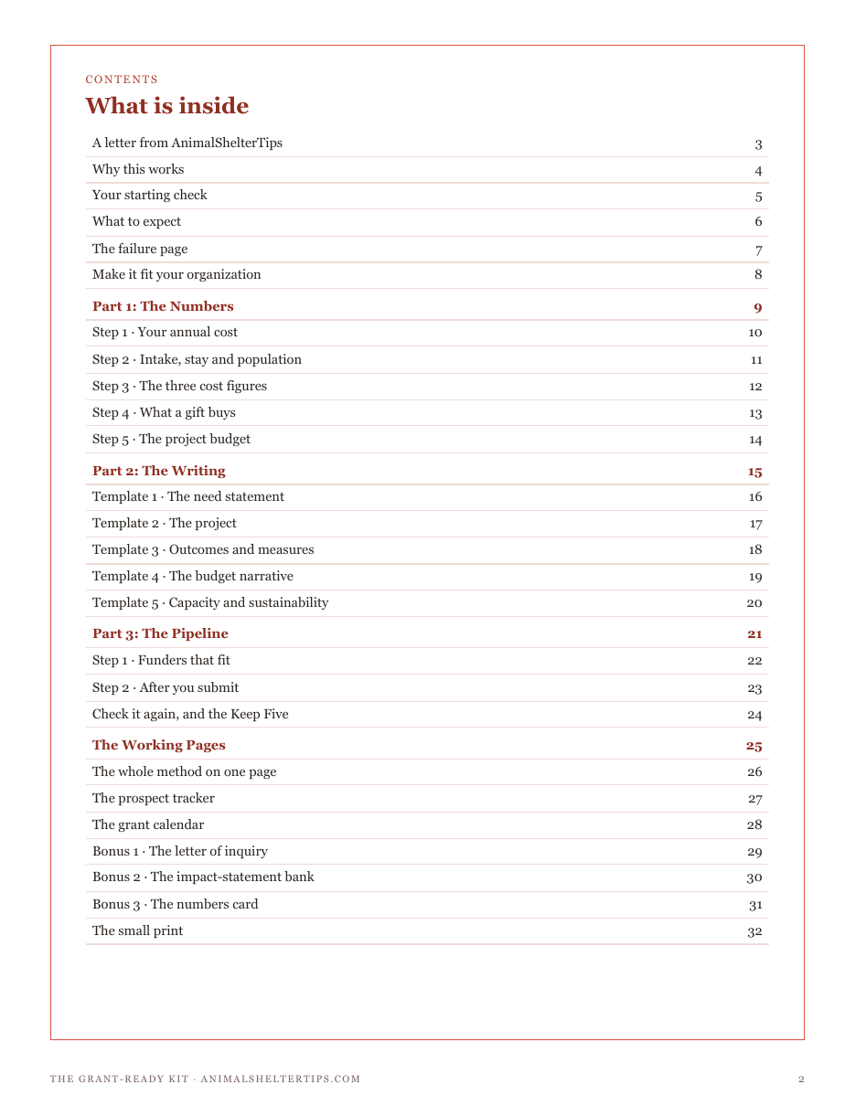 The full contents of The Grant-Ready Kit: the numbers, five writing templates, the pipeline and three bonuses
