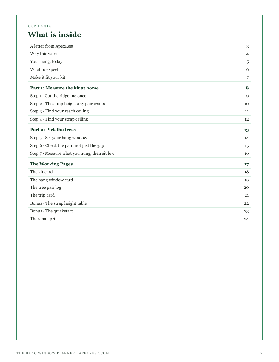 The full contents of The Hang Window Planner: measure the kit at home, pick the trees, and the working pages
