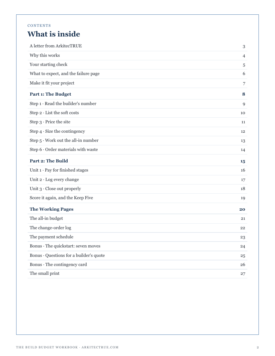 The full contents of The Build Budget Workbook: the budget, the build, the working pages and three bonuses