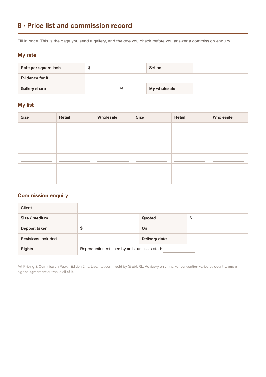 Fill-in price list and commission record