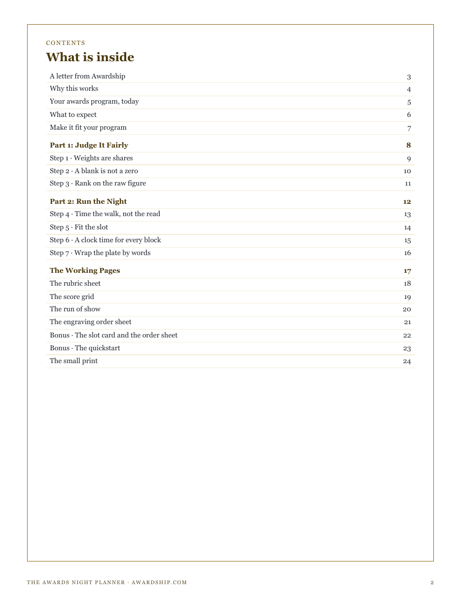 The full contents of The Awards Night Planner: judging fairly, running the night, and the working pages