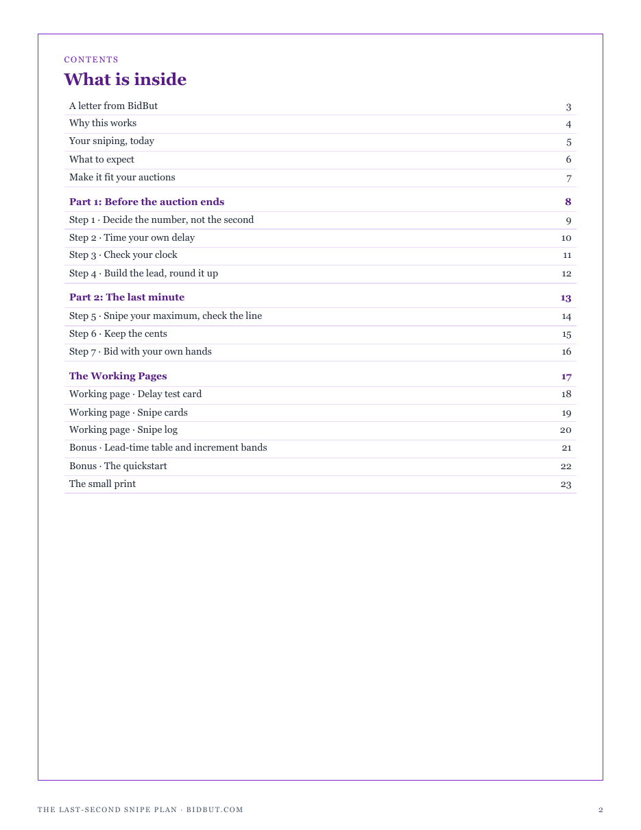 The full contents of The Last-Second Snipe Plan: before the auction ends, the last minute, and the working pages