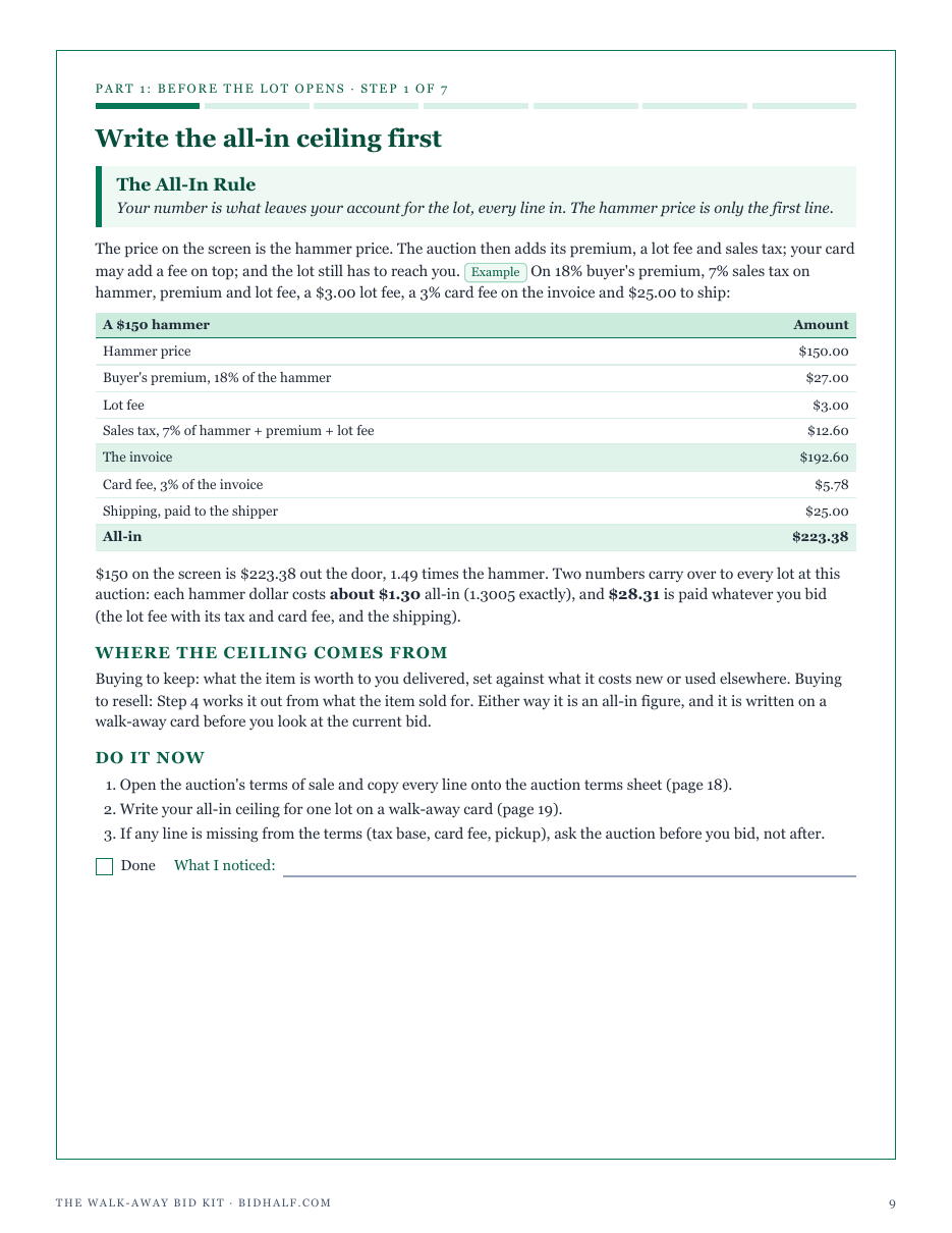 Step 1, The All-In Rule: every line a hammer price carries to the all-in cost, written before the lot opens