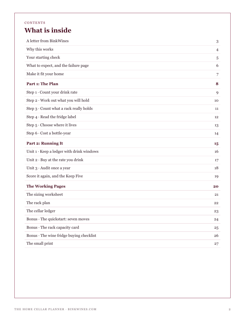 The full contents of The Home Cellar Planner: the plan, running it, the working pages and three bonuses