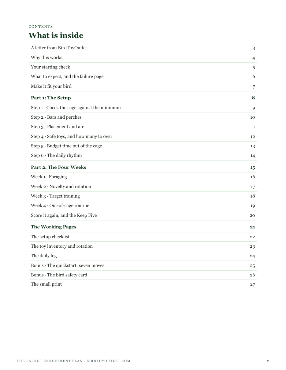 The full contents of The Parrot Enrichment Plan: the setup, the four weeks, the working pages and two bonuses