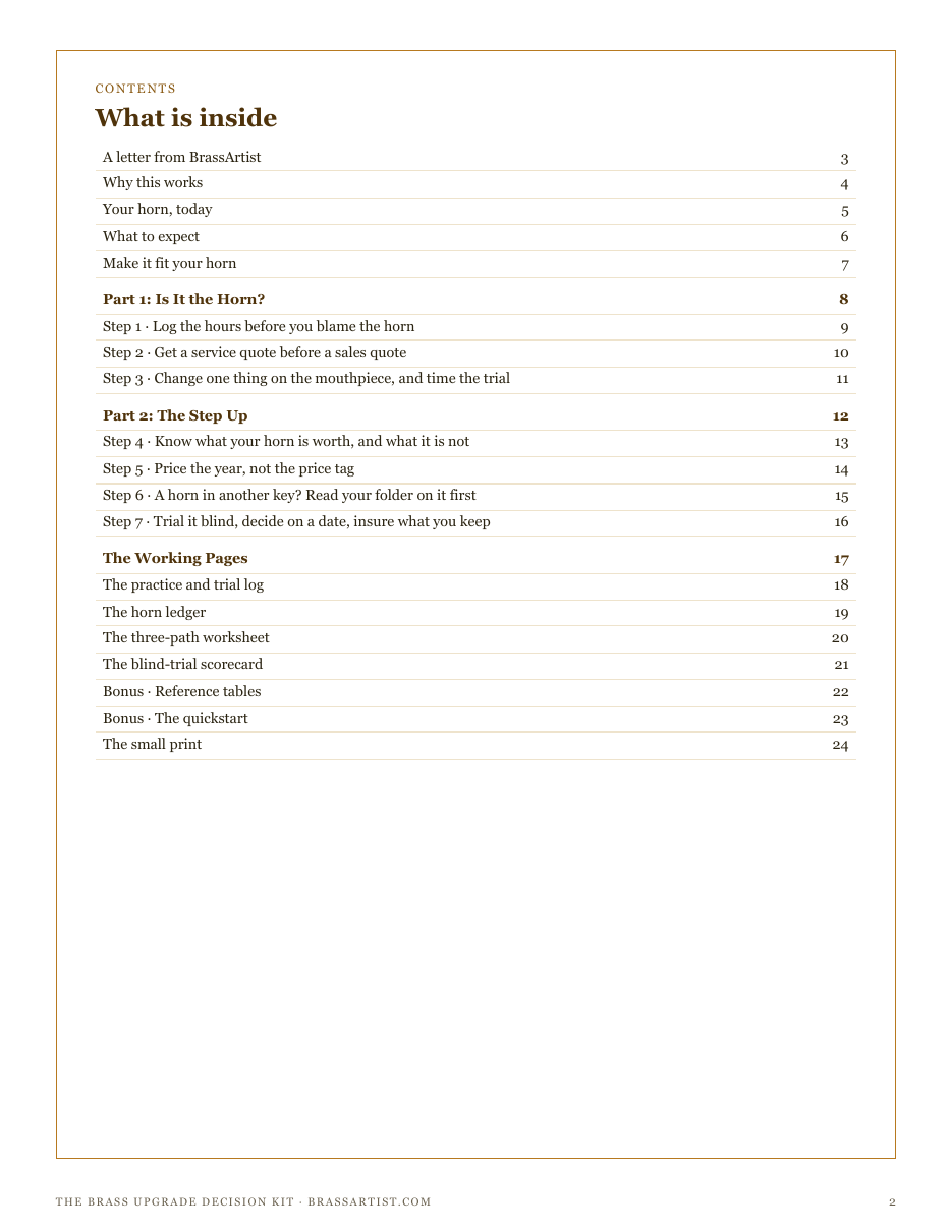 The full contents of The Brass Upgrade Decision Kit: is it the horn, the step up, and the working pages