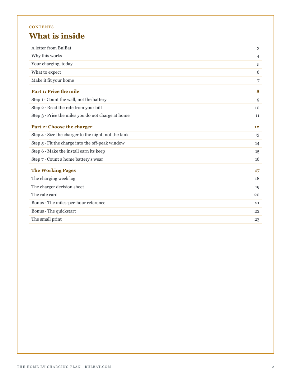 The full contents of The Home EV Charging Plan: price the mile, choose the charger, and the working pages