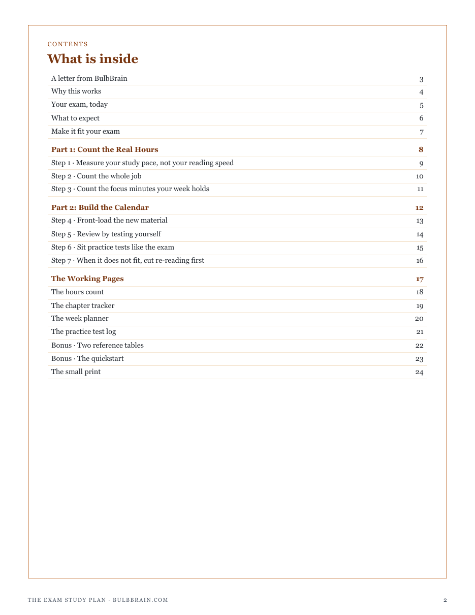The full contents of The Exam Study Plan: count the real hours, build the calendar, and the working pages