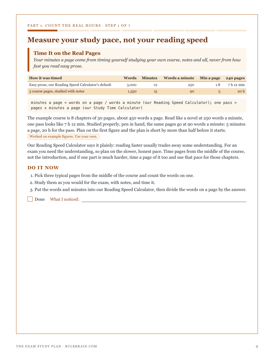 Step 1, Time It on the Real Pages: study pace from our Reading Speed Calculator, and why easy-prose speed plans too few hours