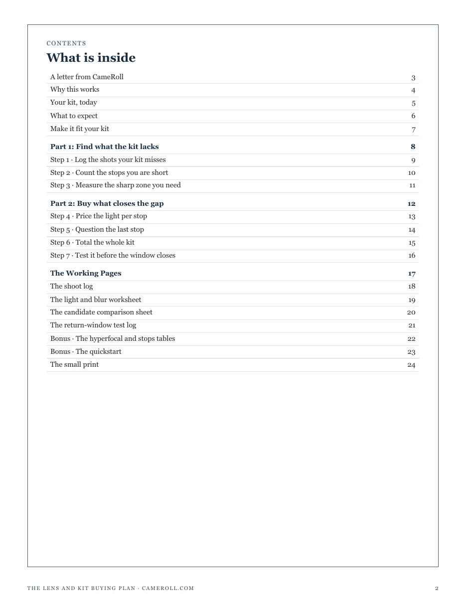 The full contents of The Lens and Kit Buying Plan: find what the kit lacks, buy what closes the gap, and the working pages
