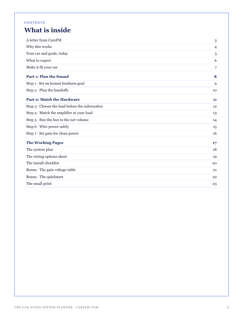 The full contents of The Car Audio System Planner: plan the sound, match the hardware, and the working pages
