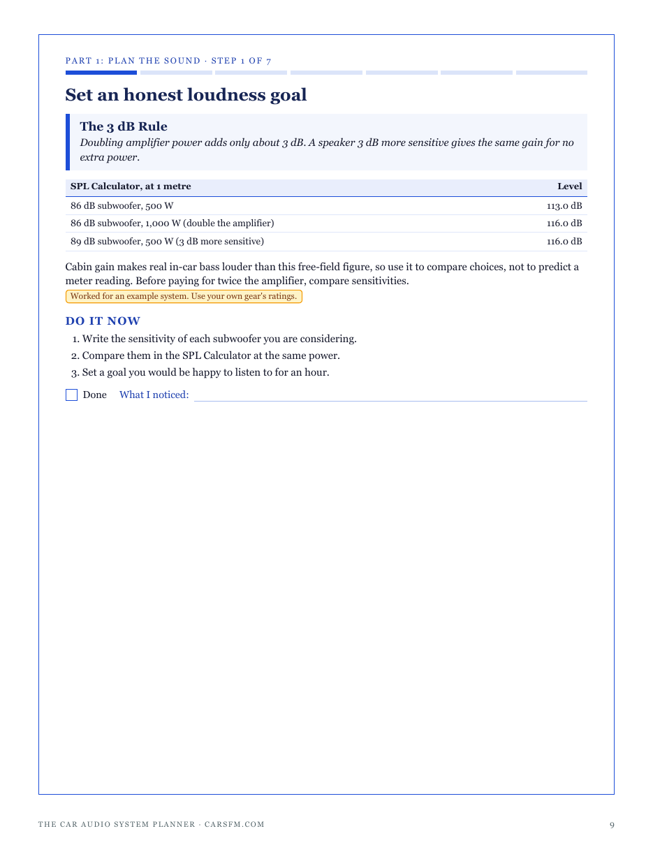 Step 1, The 3 dB Rule: why doubling amplifier power adds only about 3 dB, worked in the SPL Calculator
