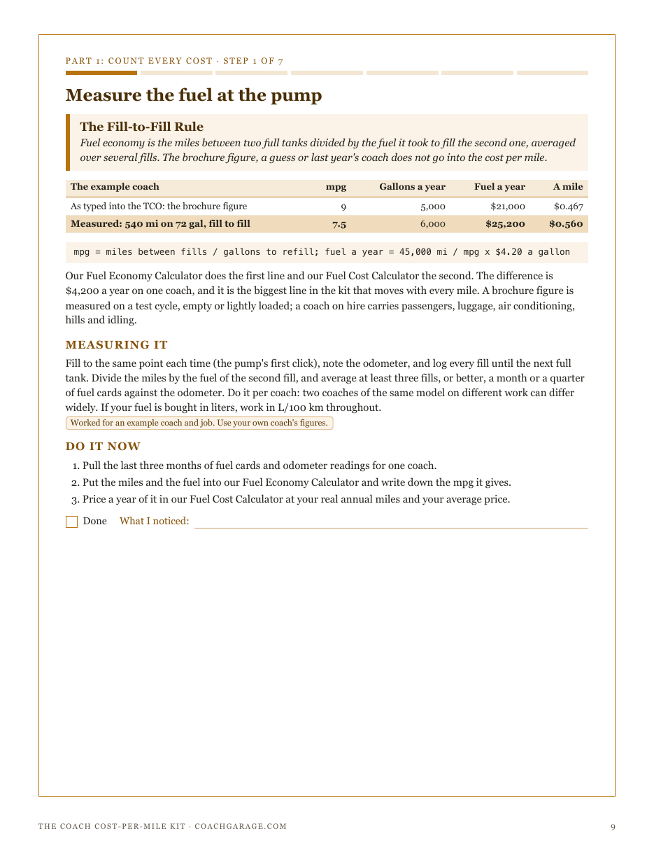 Step 1, The Fill-to-Fill Rule: measure the coach's fuel economy at the pump, not from the brochure, before it goes into the cost per mile