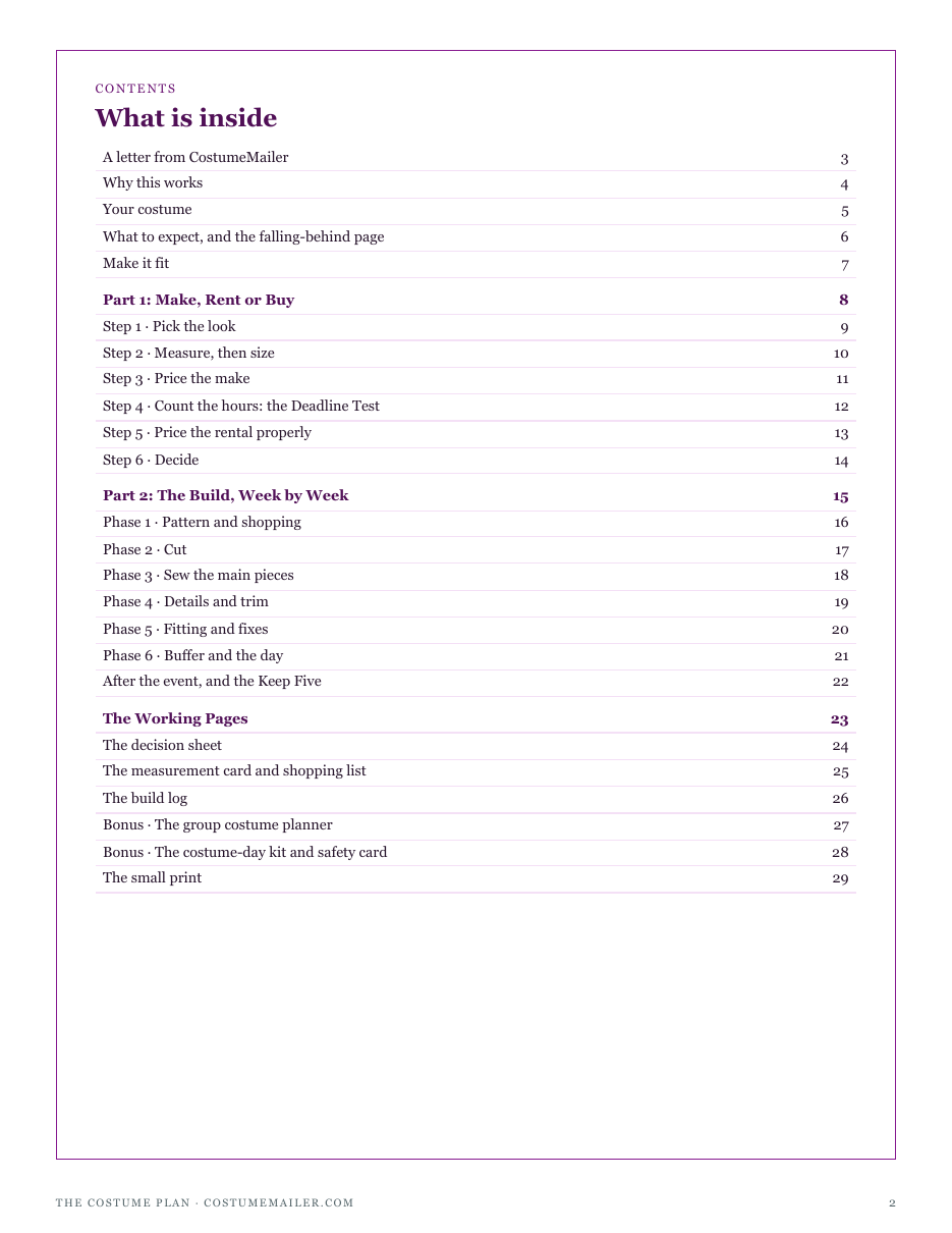 The full contents of The Costume Plan: make, rent or buy, the build week by week, the working pages and two bonuses
