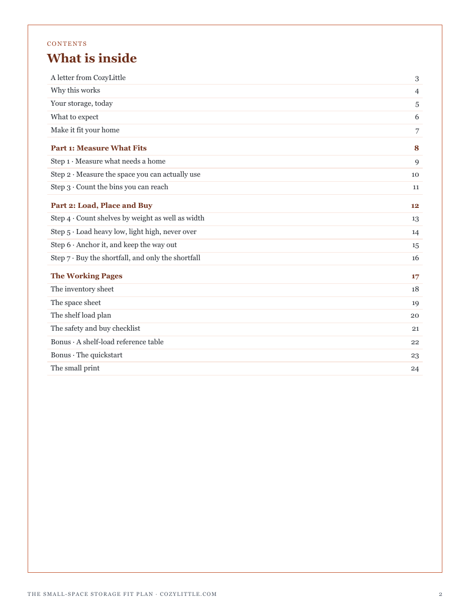 The full contents of The Small-Space Storage Fit Plan: measure what fits, load, place and buy, and the working pages