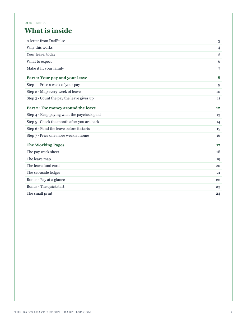 The full contents of The Dad's Leave Budget: your pay and your leave, the money around the leave, and the working pages