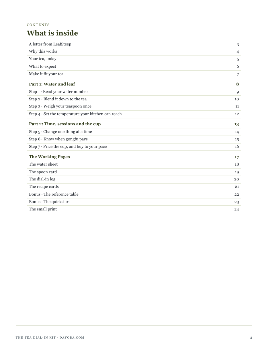 The full contents of The Tea Dial-In Kit: water and leaf, time, sessions and the cup, and the working pages