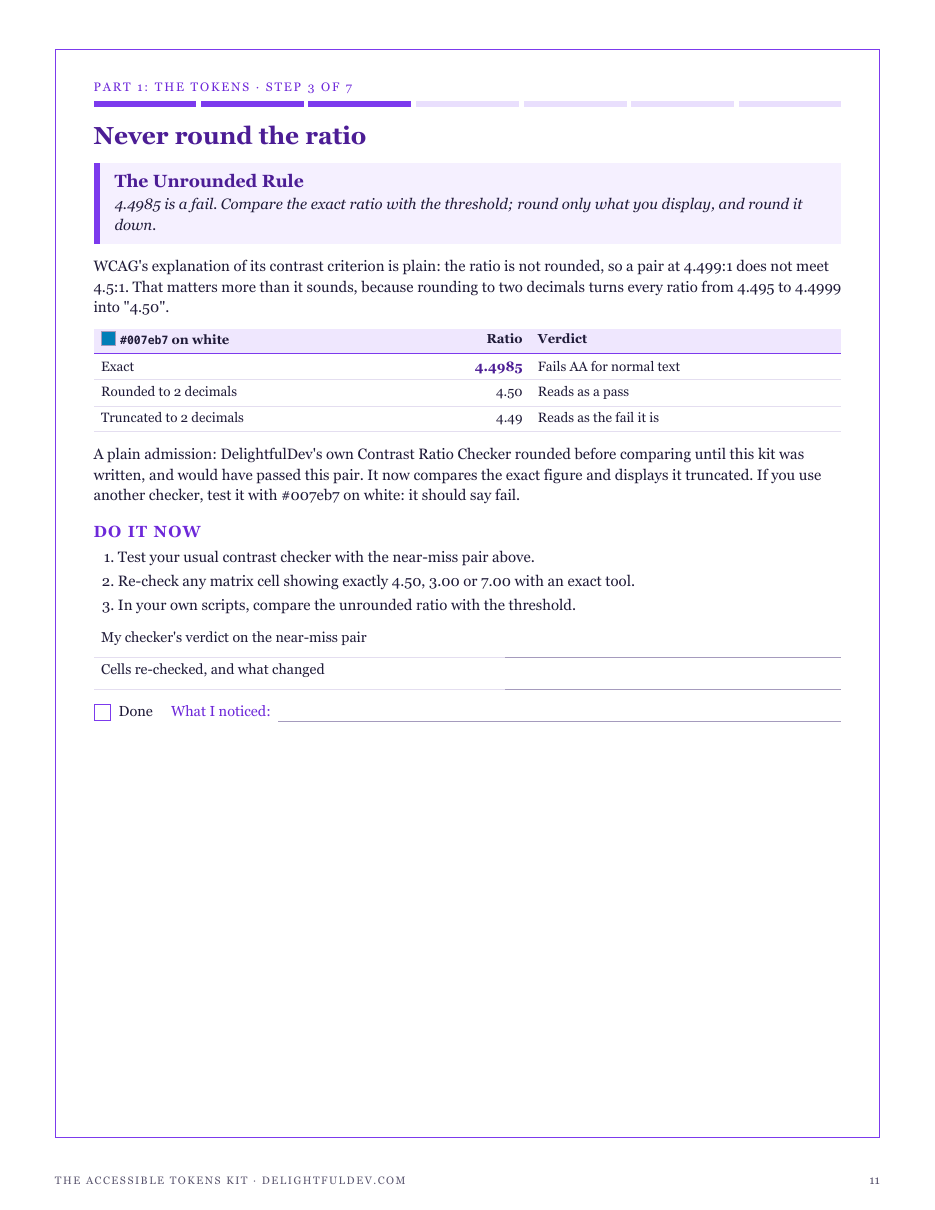 Step 3, The Unrounded Rule: a 4.4985 to 1 pair that rounds to 4.50 and fails, and how to test a checker for it