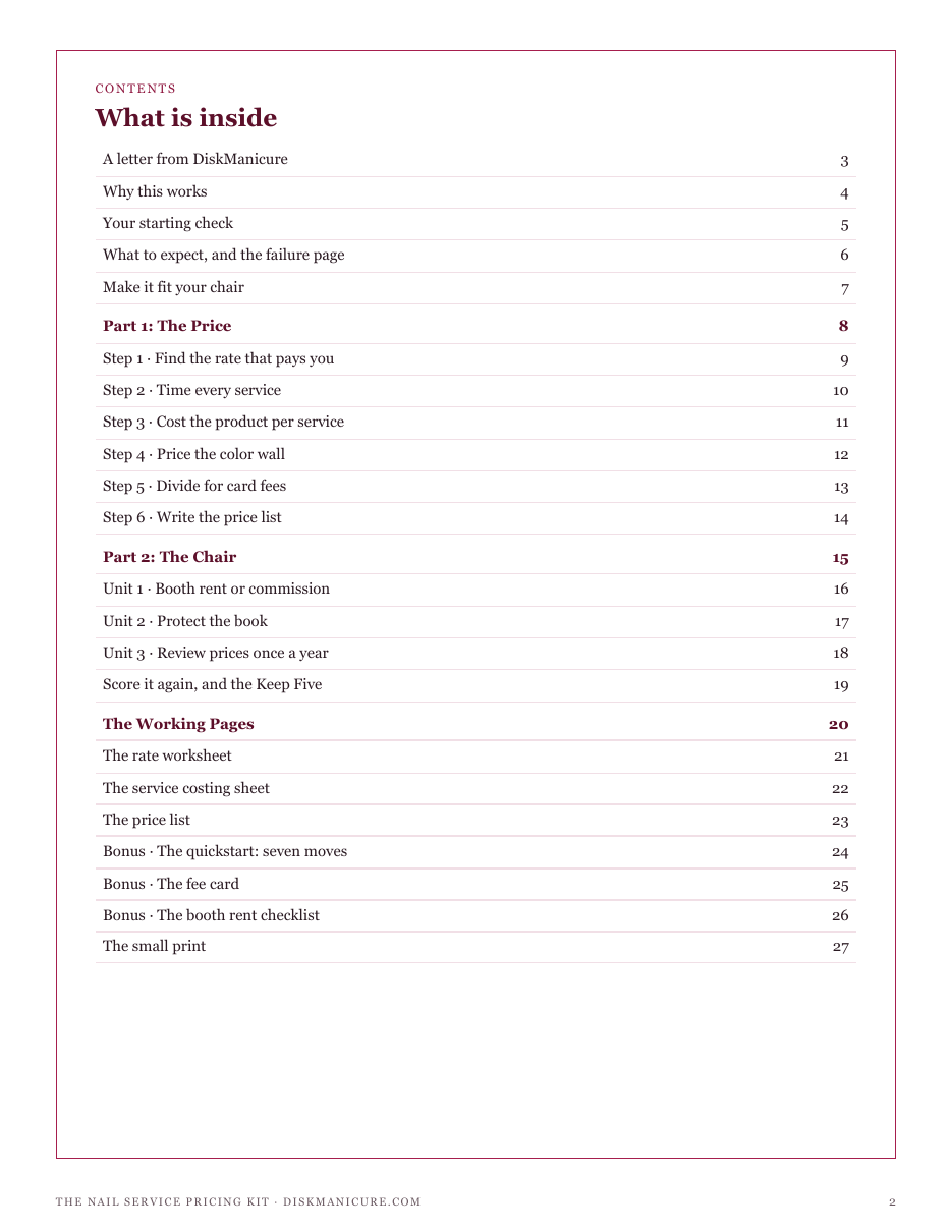 The full contents of The Nail Service Pricing Kit: the price, the chair, the working pages and three bonuses