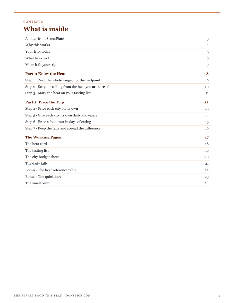 The full contents of The Street Food Trip Plan: know the heat, price the trip, and the working pages