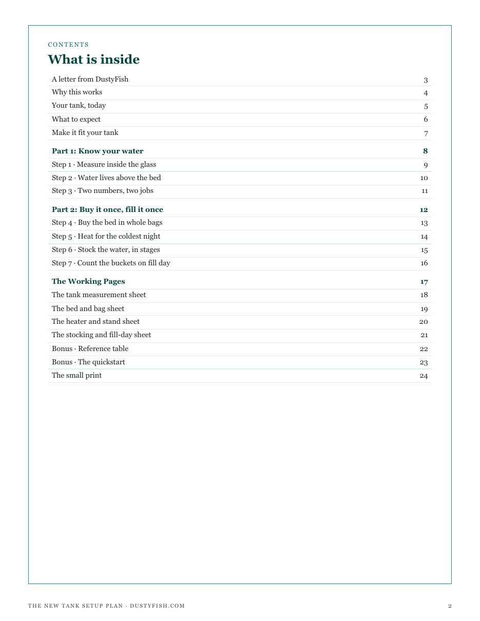 The full contents of The New Tank Setup Plan: know your water, buy it once and fill it once, and the working pages