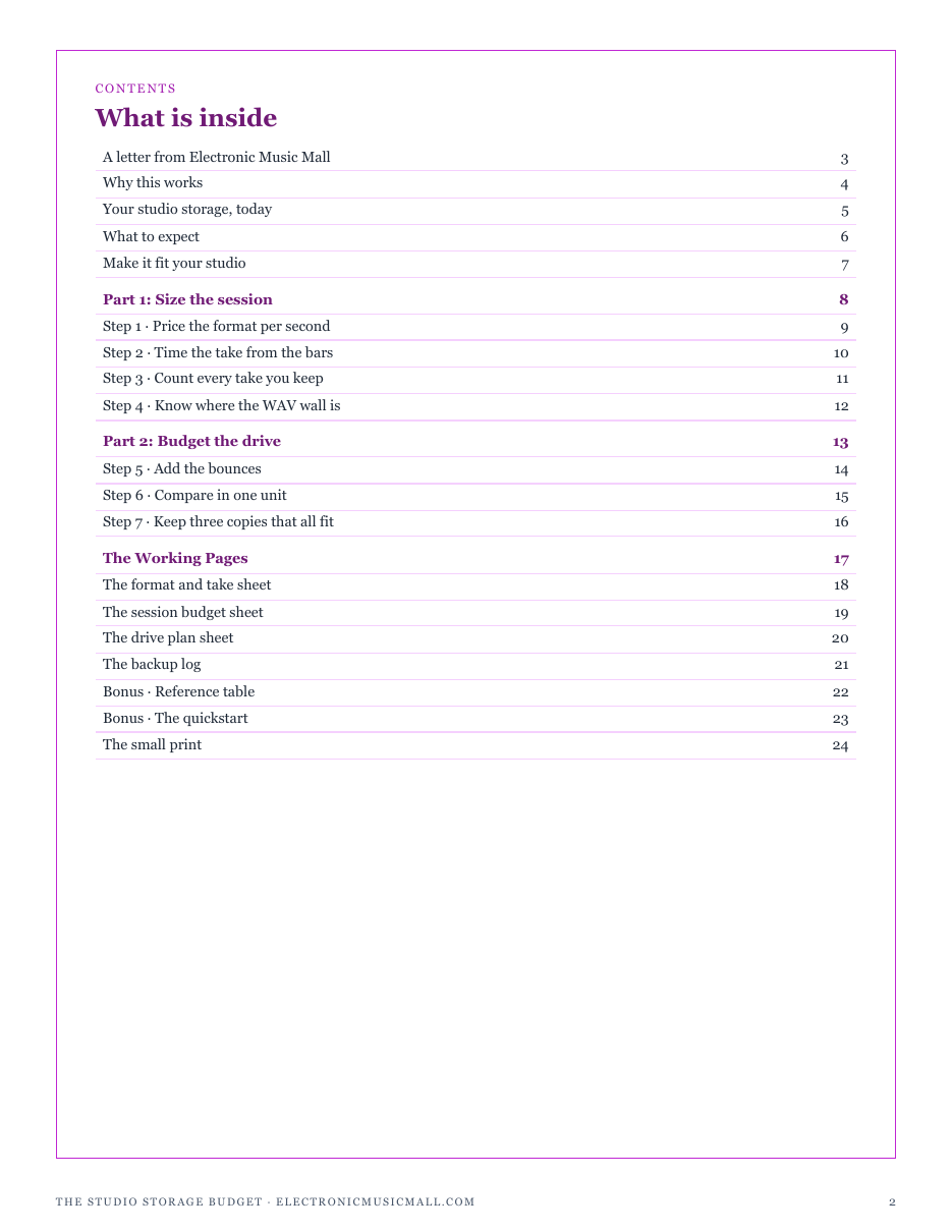 The full contents of The Studio Storage Budget: size the session, budget the drive, and the working pages