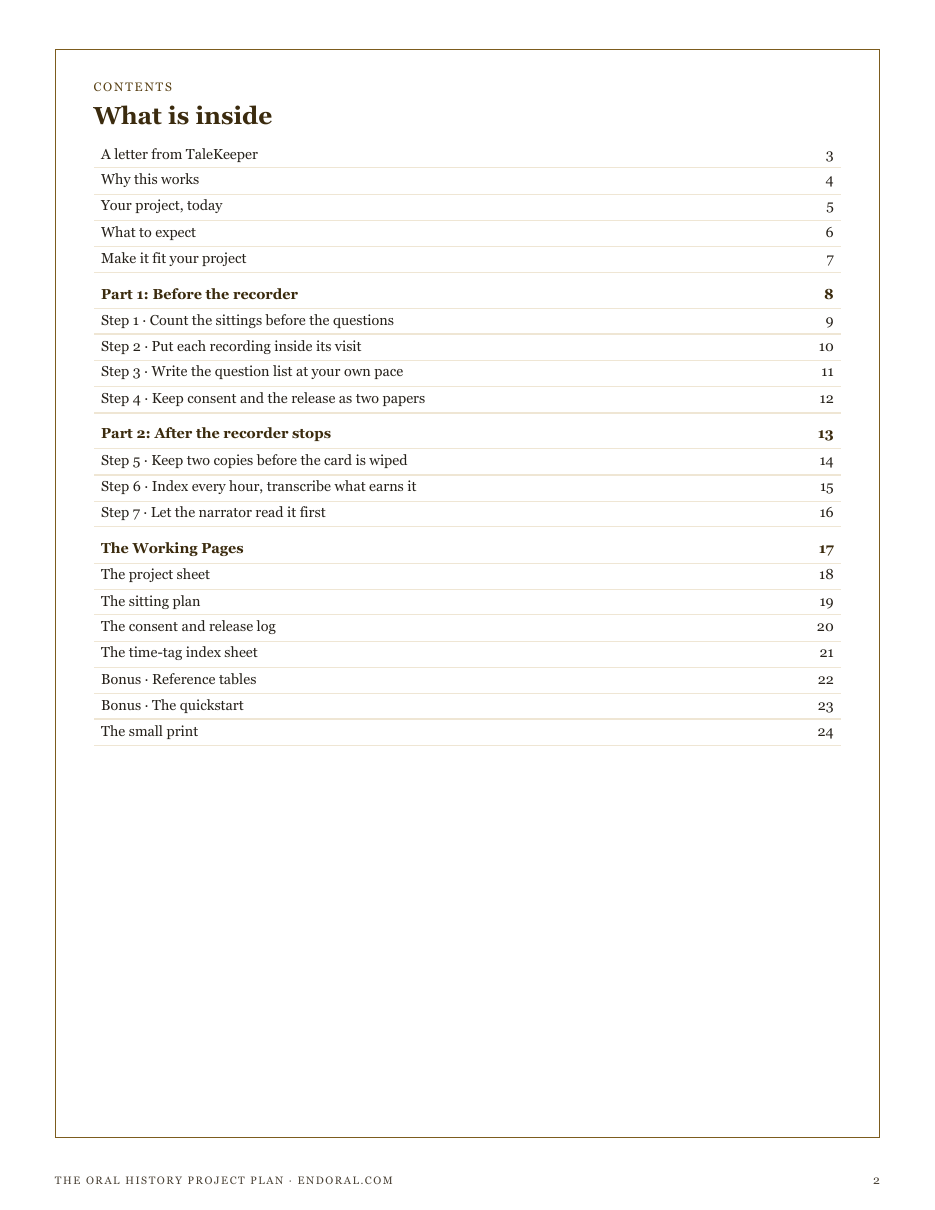 The full contents of The Oral History Project Plan: before the recorder, after it stops, and the working pages