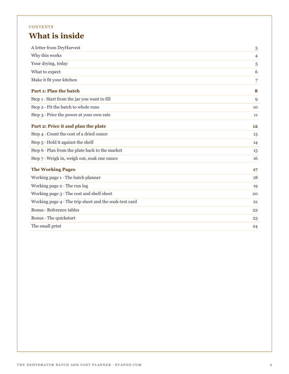 The full contents of The Dehydrator Batch and Cost Planner: plan the batch, price it and plan the plate, and the working pages