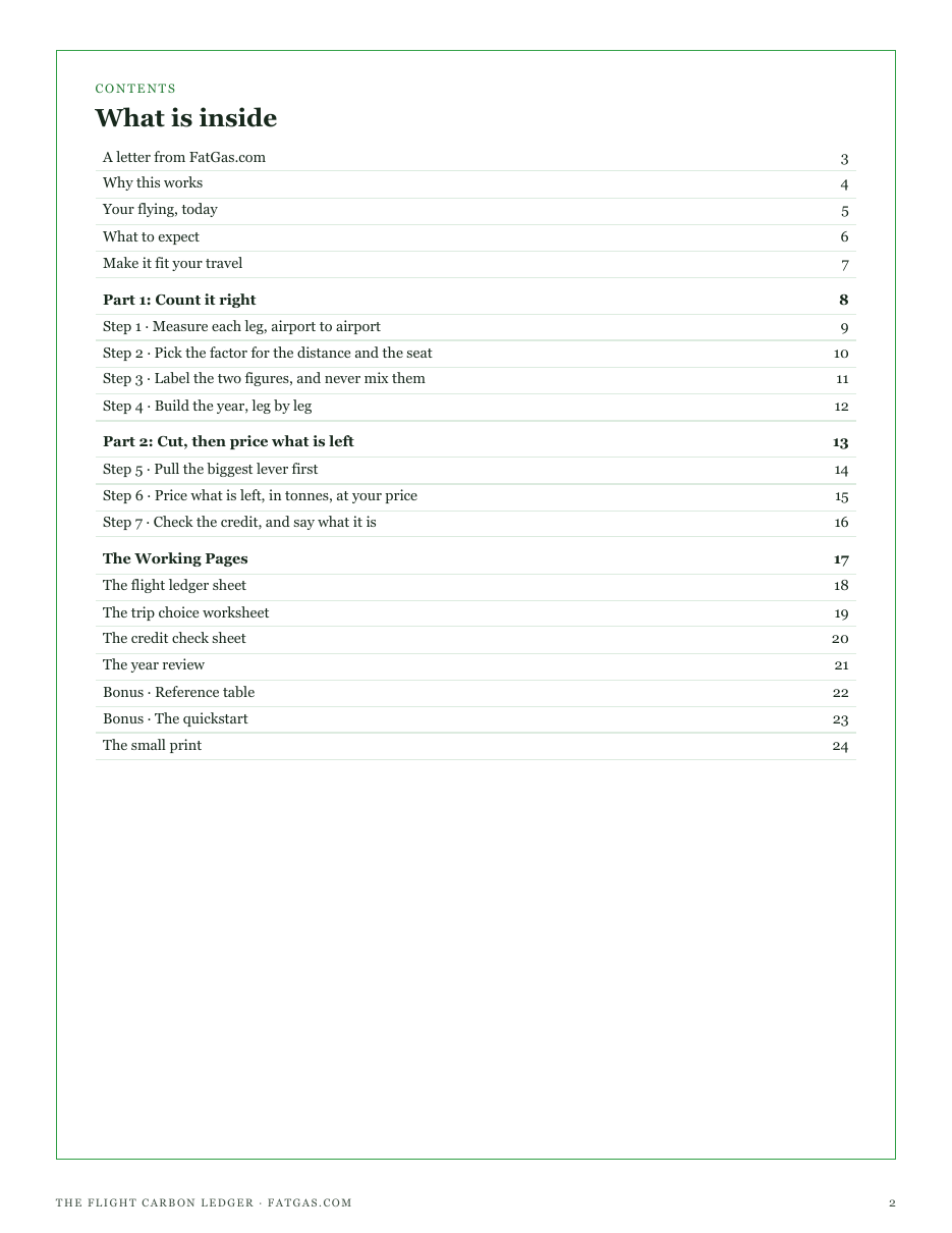 The full contents of The Flight Carbon Ledger: count it right, cut then price what is left, and the working pages