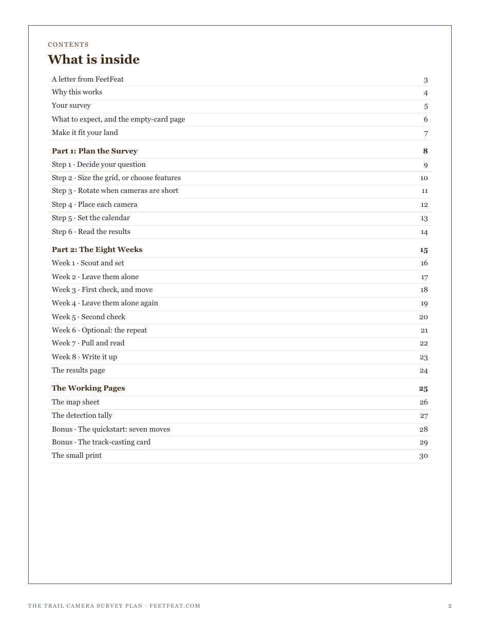 The full contents of The Trail Camera Survey Plan: plan the survey, the eight weeks, the working pages and two bonuses