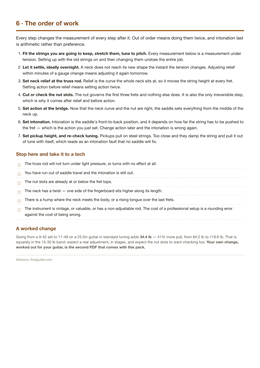 The order of work for a guitar setup, and when to stop and take it to a technician