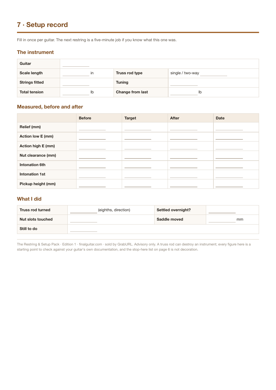 Fill-in setup record: measurements before and after, and what was adjusted