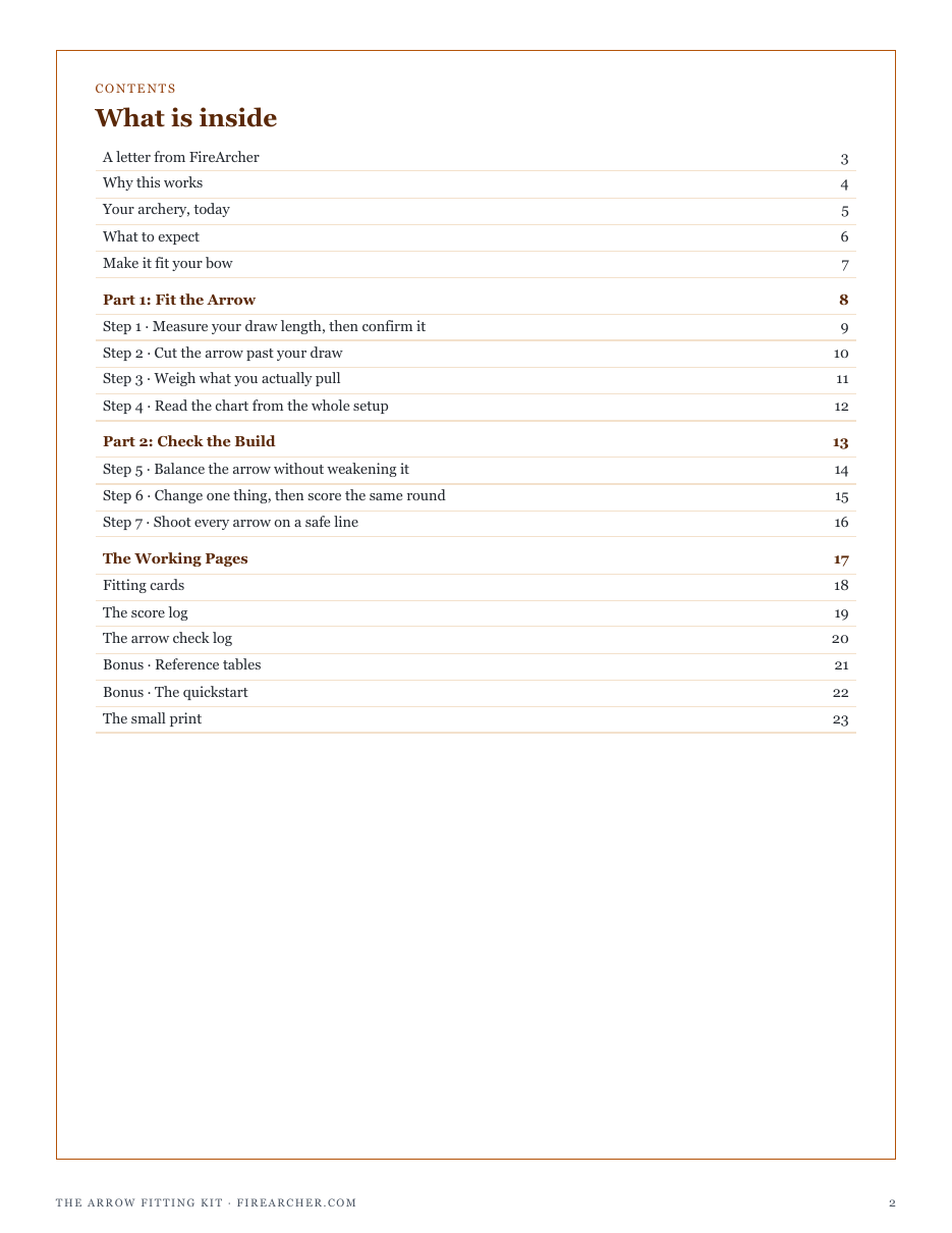 The full contents of The Arrow Fitting Kit: fit the arrow, check the build, and the working pages