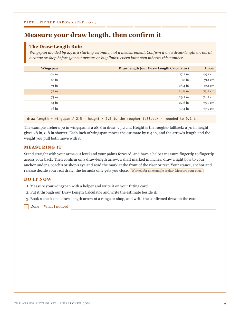 Step 1, The Draw-Length Rule: wingspan divided by 2.5 is a starting estimate; confirm it on a draw-length arrow before cutting arrows