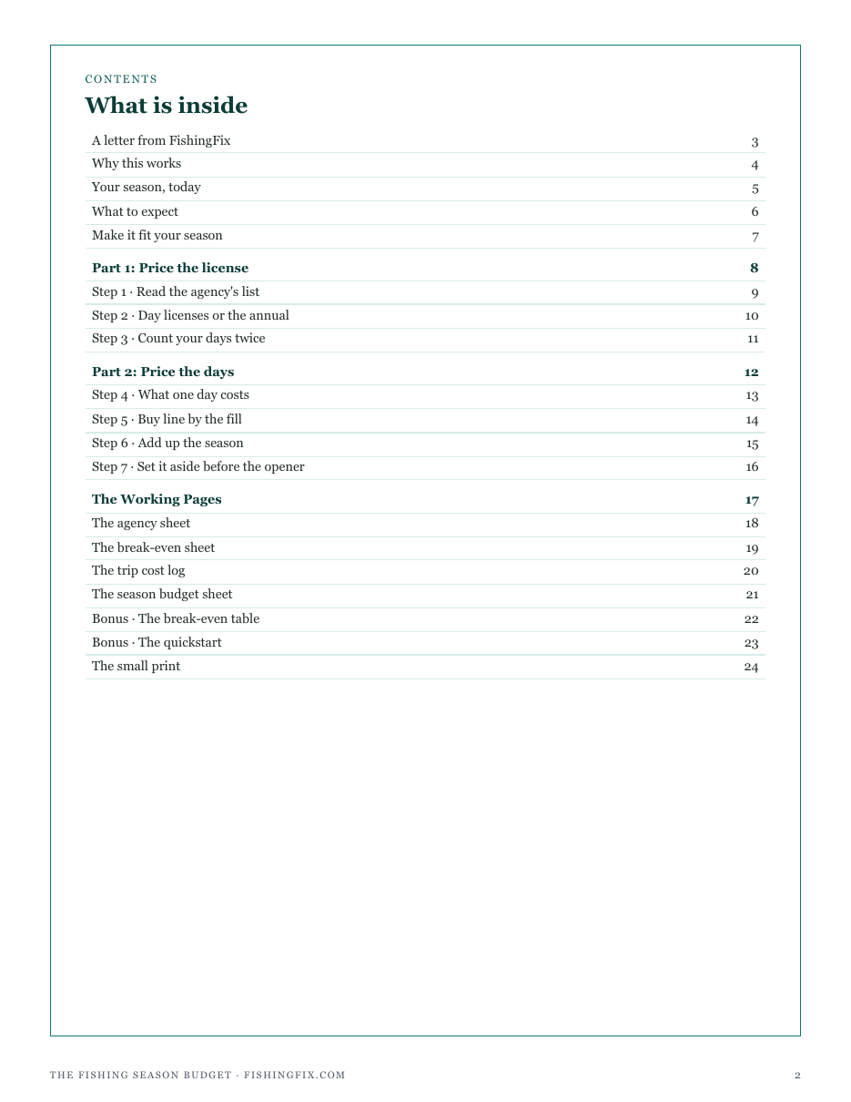 The full contents of The Fishing Season Budget: price the license, price the days, and the working pages