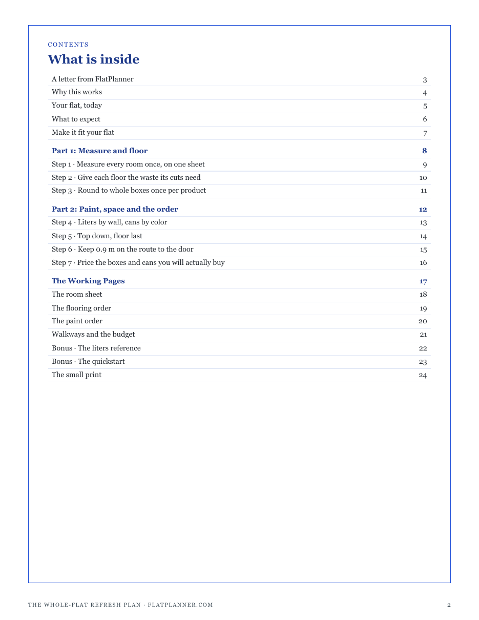 The full contents of The Whole-Flat Refresh Plan: measure and floor, paint, space and the order, and the working pages