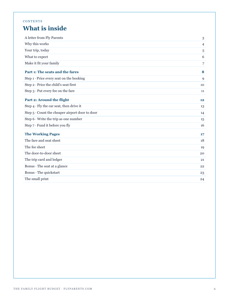 The full contents of The Family Flight Budget: the seats and the fares, around the flight, and the working pages