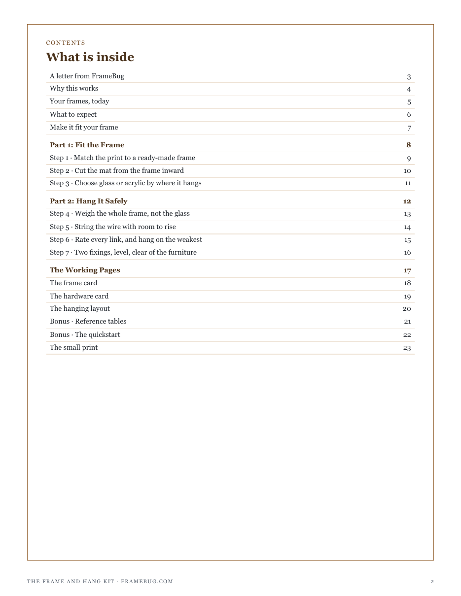 The full contents of The Frame and Hang Kit: fit the frame, hang it safely, and the working pages