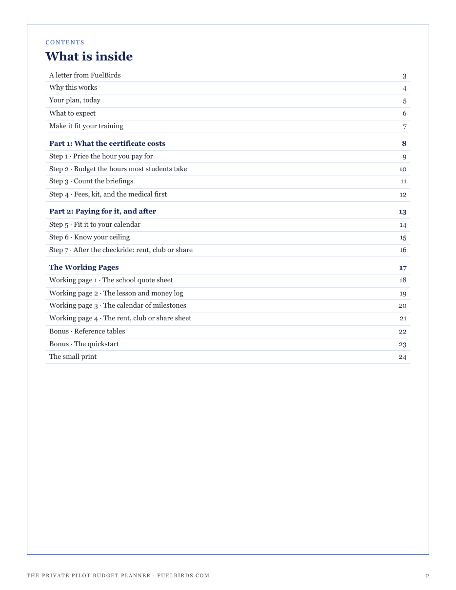 The full contents of The Private Pilot Budget Planner: what the certificate costs, paying for it and after, and the working pages