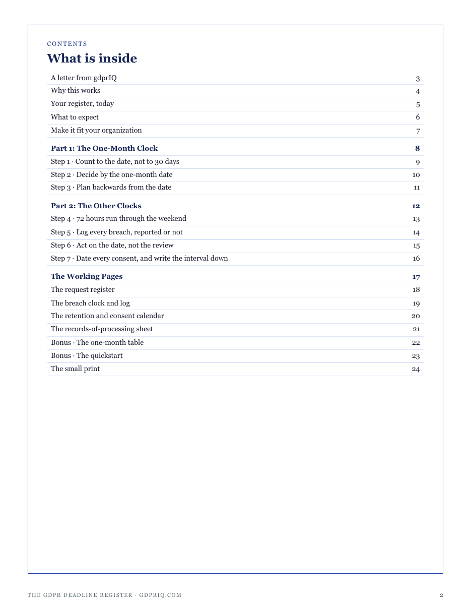 The full contents of The GDPR Deadline Register: the one-month clock, the other clocks, and the working pages