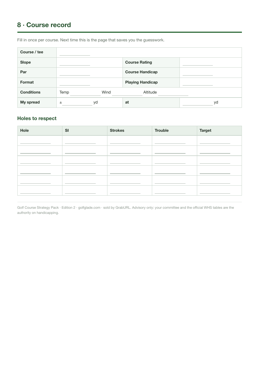 Fill-in course record and holes-to-respect sheet