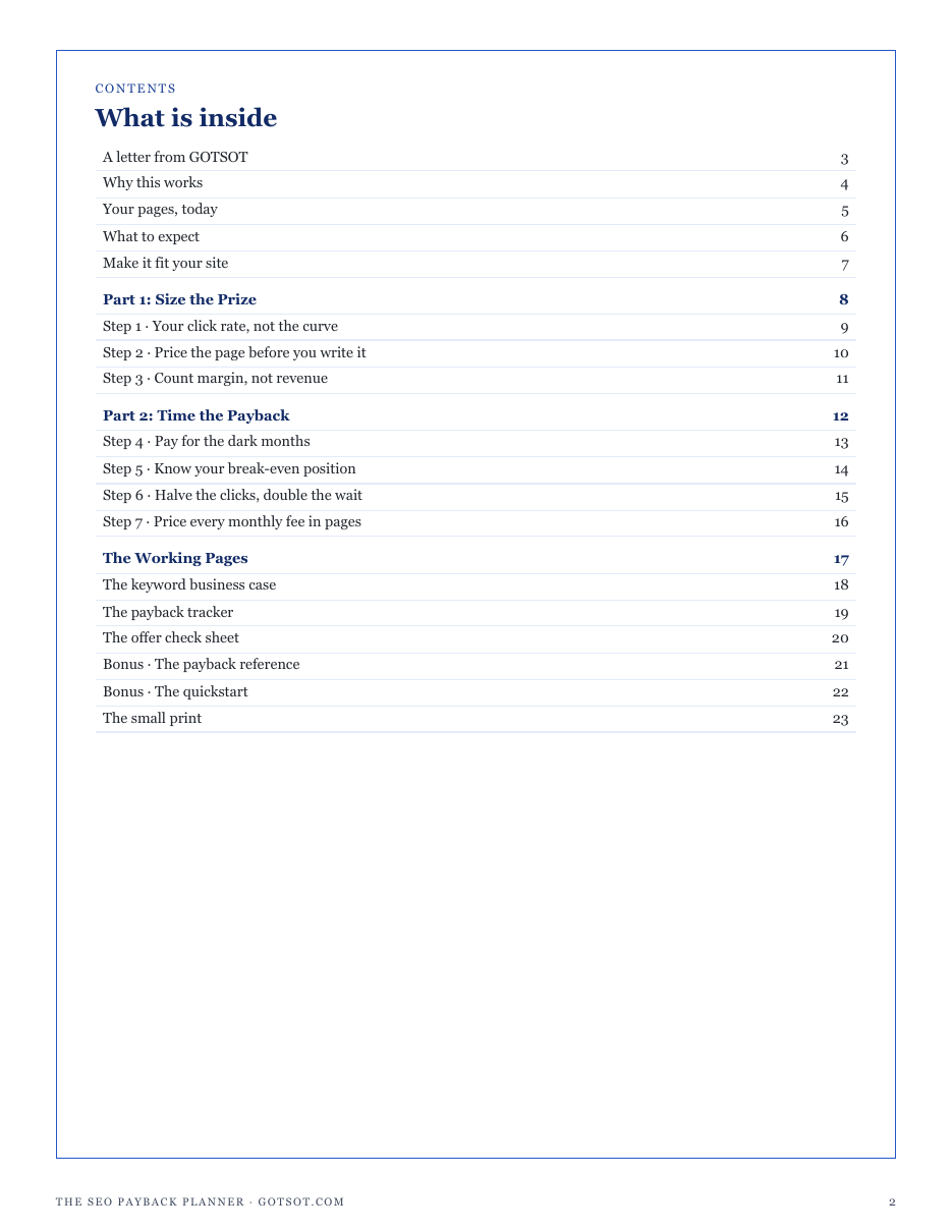 The full contents of The SEO Payback Planner: sizing the prize, timing the payback, and the working pages