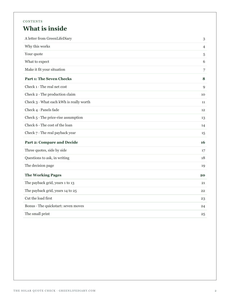 The full contents of The Solar Quote Check: seven checks, compare and decide, the working pages and a quickstart