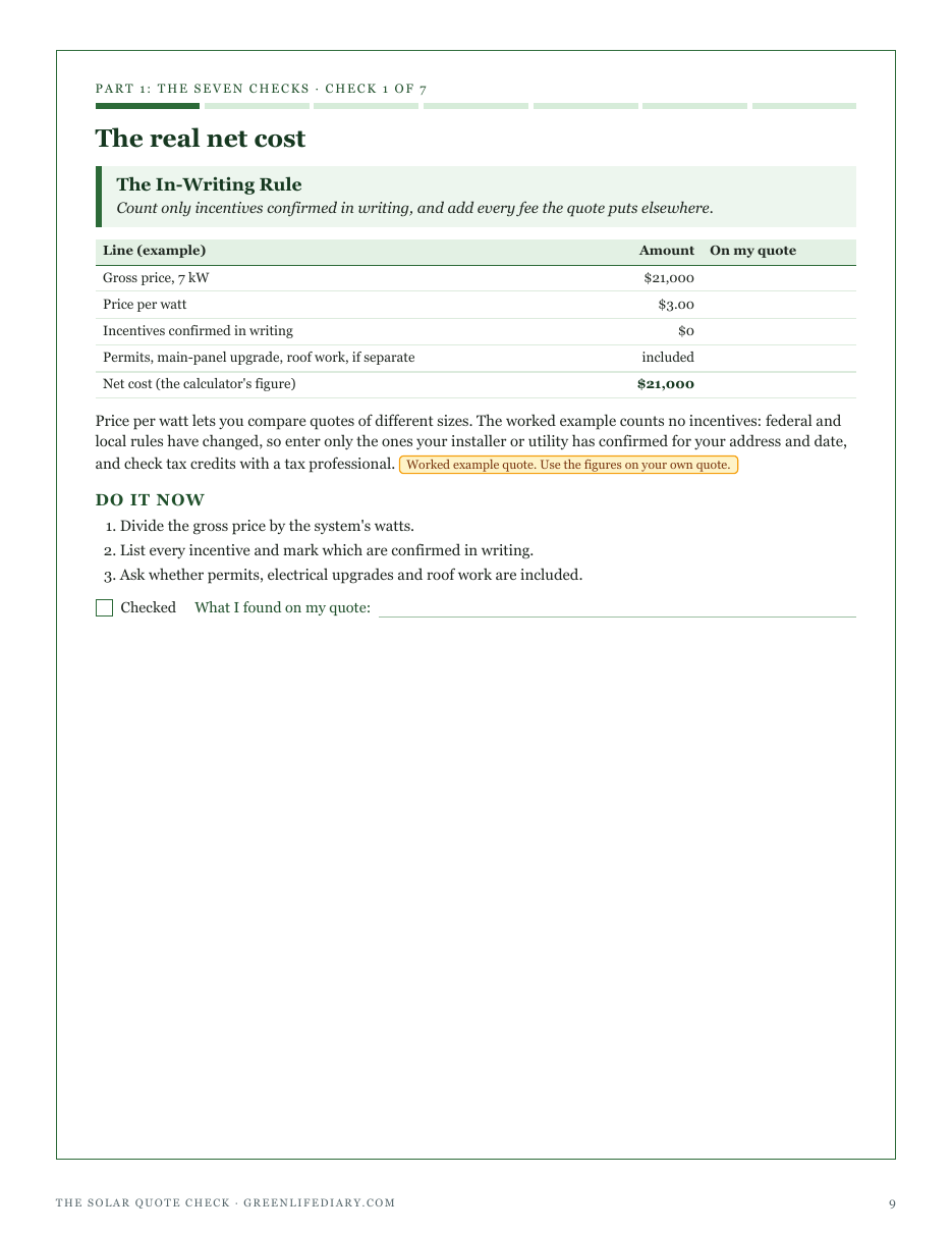 Check 1, The In-Writing Rule: the real net cost of a 7 kW solar quote, price per watt and confirmed incentives